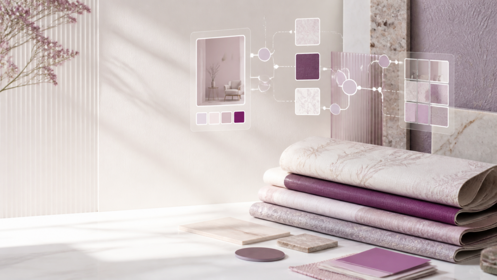 Wallpaper recommendation visual showing materials, customer preferences, and connected recommendations.