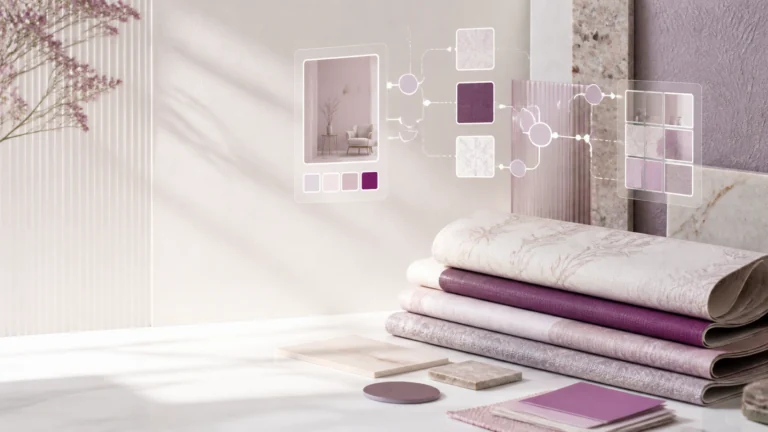 Wallpaper recommendation visual showing materials, customer preferences, and connected recommendations.